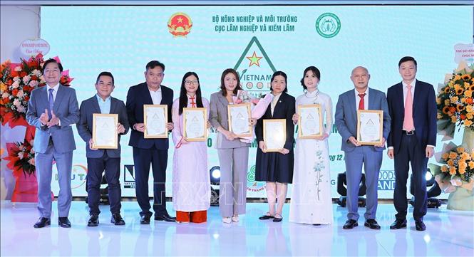 Ông Trần Quang Bảo, Cục trưởng Cục Lâm nghiệp và Kiểm lâm (Bộ Nông nghiệp và Môi trường) và Ông Trần Lê Hồng, Phó Cục trưởng Cục sở hữu trí tuệ (Bộ Khoa học và Công nghệ) trao Giấy chứng nhận cho các doanh nghiệp đủ điều kiện được cấp quyền sử dụng nhãn hiệu chứng nhận. Ảnh: Lê Đông - TTXVN