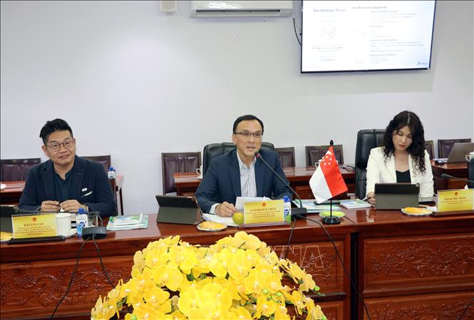 Ông Lawrence Chan, Trưởng Ban Quản lý Khu công nghiệp Việt Nam - Singapore, Giải pháp Đô thị tích hợp (Tập đoàn Sembcorp) phát biểu tại buổi làm việc. Ảnh: Phạm Minh Tuấn-TTXVN