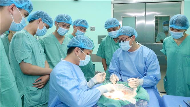 Các bác sĩ thực hiện ca ghép gan tại Bệnh viện Trung ương Huế. Ảnh: TTXVN phát 