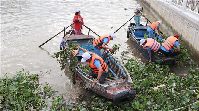 Các lực lượng, tình nguyện viên tham gia thu gom rác, lục bình trên rạch Khai Luông sau lễ phát động. Ảnh: Hồng Thái - TTXVN
