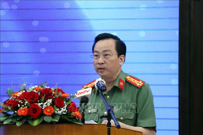Đại tá Bùi Thanh Trực, Phó Giám đốc Công an Thành phố Hồ Chí Minh phát biểu khai mạc. Ảnh: Tiến Lực - TTXVN