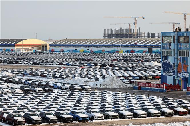 Tổng thống Mỹ Donald Trump ngày 26/3/2025 đã thông báo quyết định áp thuế lên tới 25% đối với ô tô nhập khẩu - điều mà ông đã cam kết từ lâu với các cử tri Mỹ. Tổng thống Trump nói thêm rằng nếu các hãng sản xuất xe tại Mỹ thì sẽ không phải chịu thuế. Quyết định áp thuế này sẽ có hiệu lực từ ngày 2/4 tới. Ảnh: Xe ô tô chờ xuất khẩu tại cảng Yên Đài, tỉnh Sơn Đông, Trung Quốc. Ảnh: THX/TTXVN
