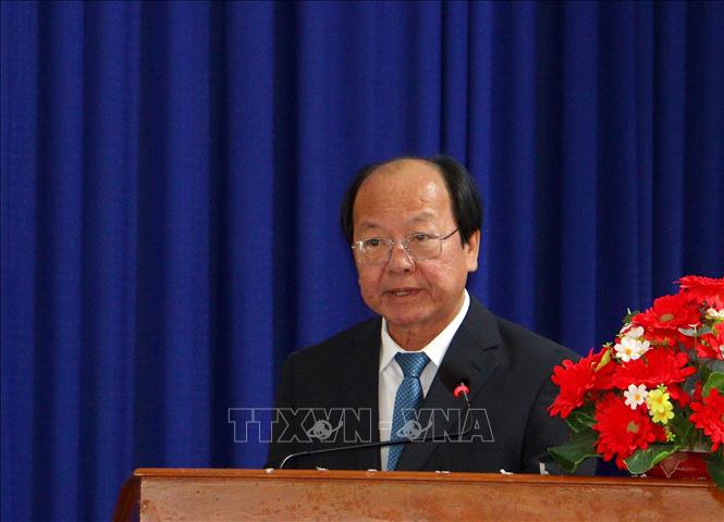 Chủ tịch Liên hiệp các Hội Khoa học và Kỹ thuật tỉnh Vĩnh Long Ngô Văn Tán phát biểu tại buổi lễ. Ảnh: Lê Thúy Hằng – TTXVN. 