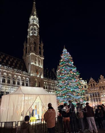 ại Quảng trường Lớn, cây thông Noel cao 20 m được trang hoàng lộng lẫy, trở thành điểm nhấn của mùa lễ hội. Ảnh : Hương Giang - PV TTXVN tại Bỉ