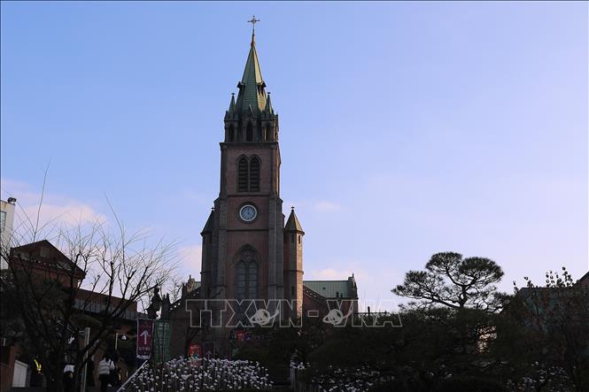 Nhà thờ chính tòa Myeongdong là nhà thờ công giáo đầu tiên ở Hàn Quốc. Ảnh Khánh Vân - TTXVN tại Hàn Quốc
