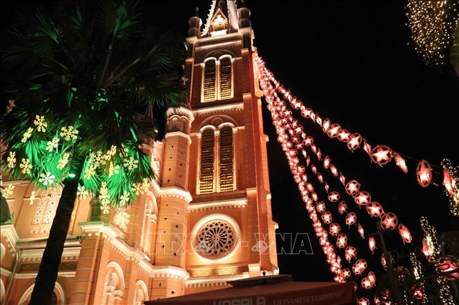 Tan Dinh Church is adorned with colourful lights. VNA Photo: Xuân Khu