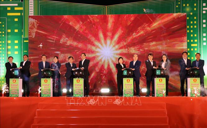 Các đại biểu thực hiện nghi thức khai mạc Festival. Ảnh: Thu Hằng-TTXVN