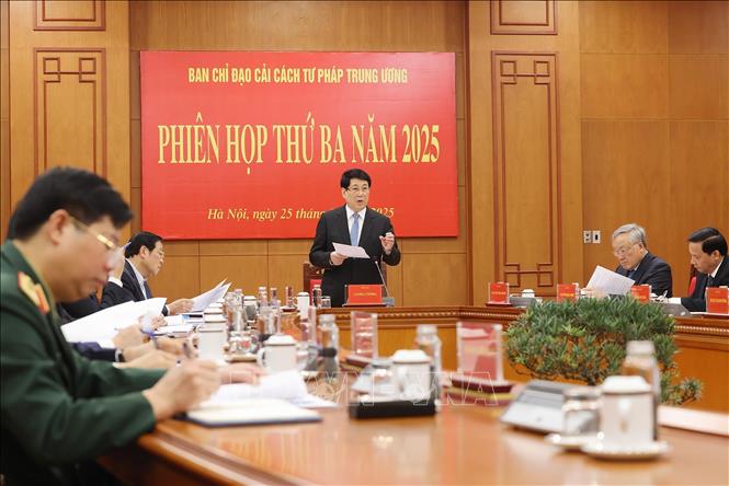 Chủ tịch nước Lương Cường, Trưởng Ban Chỉ đạo cải cách Tư pháp Trung ương phát biểu chỉ đạo. Ảnh: Lâm Khánh – TTXVN