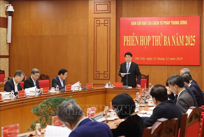 Chủ tịch nước Lương Cường, Trưởng Ban Chỉ đạo cải cách Tư pháp Trung ương phát biểu chỉ đạo. Ảnh: Lâm Khánh – TTXVN