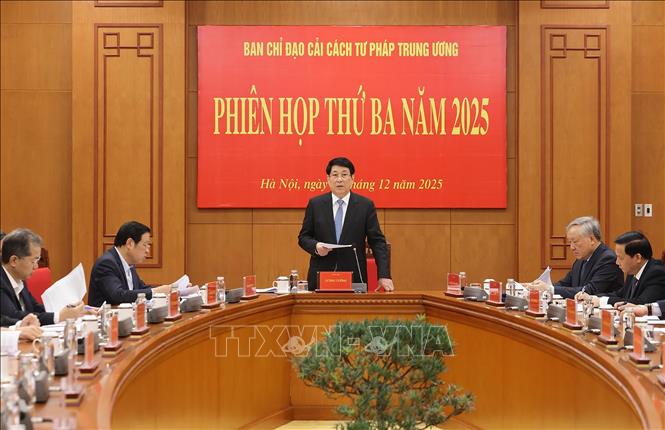 Chủ tịch nước Lương Cường, Trưởng Ban Chỉ đạo cải cách Tư pháp Trung ương phát biểu chỉ đạo. Ảnh: Lâm Khánh – TTXVN