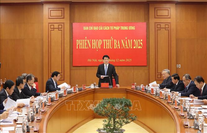 Chủ tịch nước Lương Cường, Trưởng Ban Chỉ đạo cải cách Tư pháp Trung ương phát biểu chỉ đạo. Ảnh: Lâm Khánh – TTXVN