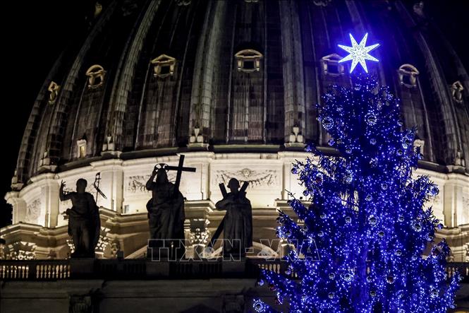 Cây thông Noel được thắp sáng tại quảng trường Thánh Peter, Vatican. Ảnh: AA/TTXVN