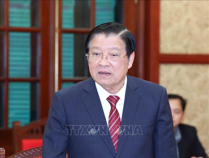 Đồng chí Phan Đình Trạc, Uỷ viên Bộ Chính trị, Bí thư Trung ương Đảng, Trưởng Ban Nội chính Trung ương, Phó Trưởng Ban Thường trực Ban Chỉ đạo Trung ương phát biểu tại phiên họp. Ảnh: Phương Hoa - TTXVN