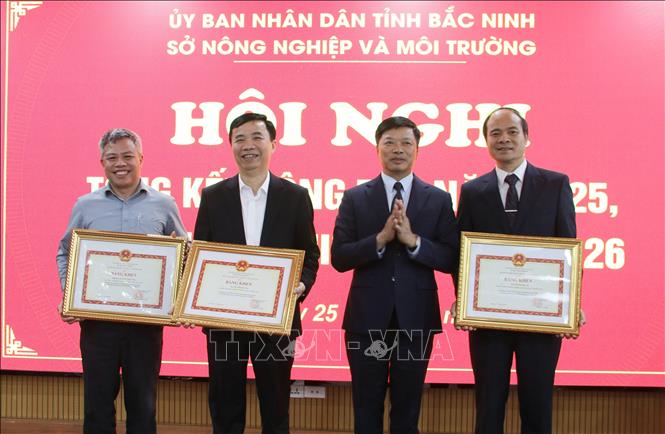 Phó Chủ tịch UBND tỉnh Bắc Ninh Đào Quang Khải trao Bằng khen của Bộ trưởng Bộ Nông nghiệp và Môi trường cho các tập thể, cá nhân. Ảnh: Đồng Thúy- TTXVN