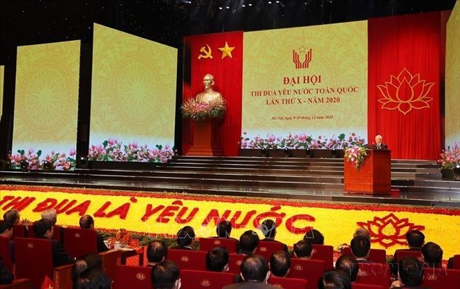 Tổng Bí thư, Chủ tịch nước Nguyễn Phú Trọng phát biểu chào mừng Đại hội Thi đua yêu nước toàn quốc lần thứ X. Ảnh: Trí Dũng – TTXVN
