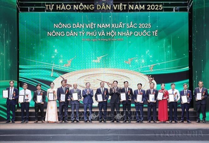 Chủ tịch nước Lương Cường và Chủ tịch Hội Nông dân Việt Nam Lương Quốc Đoàn trao danh hiệu “Nông dân Việt Nam xuất sắc” năm 2025 (Hà Nội, 14/10/2025). Ảnh: Lâm Khánh-TTXVN


