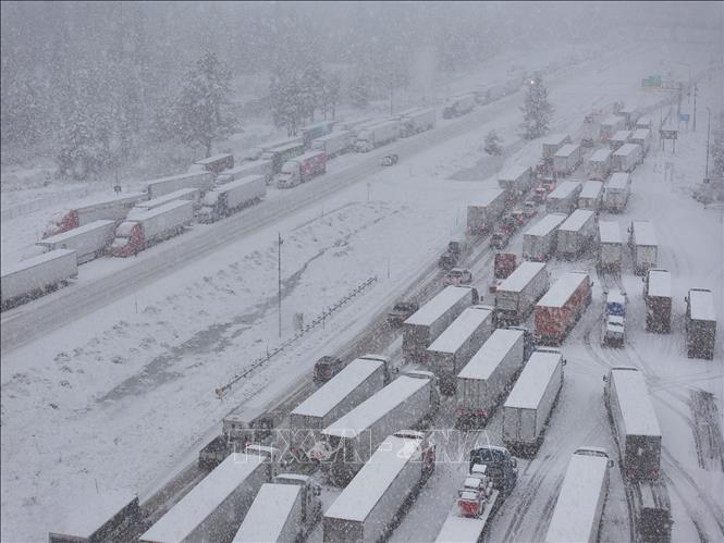 Một cơn bão mùa Đông mạnh đã tràn qua bang California của Mỹ vào ngày 24/12/2025, mang theo mưa lớn và gió giật mạnh, gây sạt lở bùn đất. Trong khi đó, ở phía Bắc bang, mưa lớn và tuyết dày gây điều kiện thời tiết nguy hiểm. Trong ảnh: Tuyết rơi dày đặc khiến giao thông ùn tắc tại California, Mỹ. Ảnh: AA/TTXVN