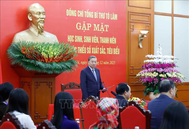 Tổng Bí thư Tô Lâm phát biểu tại buổi gặp mặt học sinh, sinh viên, thanh niên dân tộc thiểu số xuất sắc, tiêu biểu. Ảnh: Thống Nhất – TTXVN