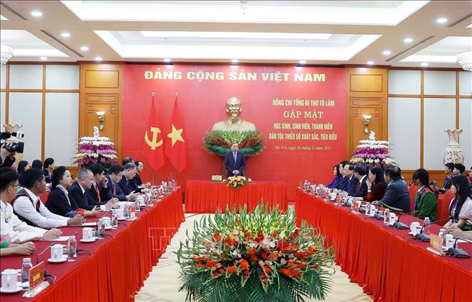 Tổng Bí thư Tô Lâm phát biểu tại buổi gặp mặt học sinh, sinh viên, thanh niên dân tộc thiểu số xuất sắc, tiêu biểu. Ảnh: Thống Nhất – TTXVN
