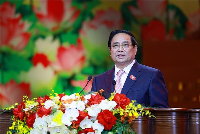 Thủ tướng Phạm Minh Chính, Chủ tịch Hội đồng Thi đua-Khen thưởng Trung ương phát biểu khai mạc Đại hội Thi đua yêu nước lần thứ XI. Ảnh: Dương Giang-TTXVN 
