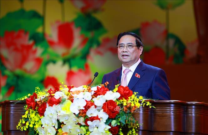 Thủ tướng Phạm Minh Chính, Chủ tịch Hội đồng Thi đua-Khen thưởng Trung ương phát biểu khai mạc Đại hội Thi đua yêu nước lần thứ XI. Ảnh: Dương Giang-TTXVN 
