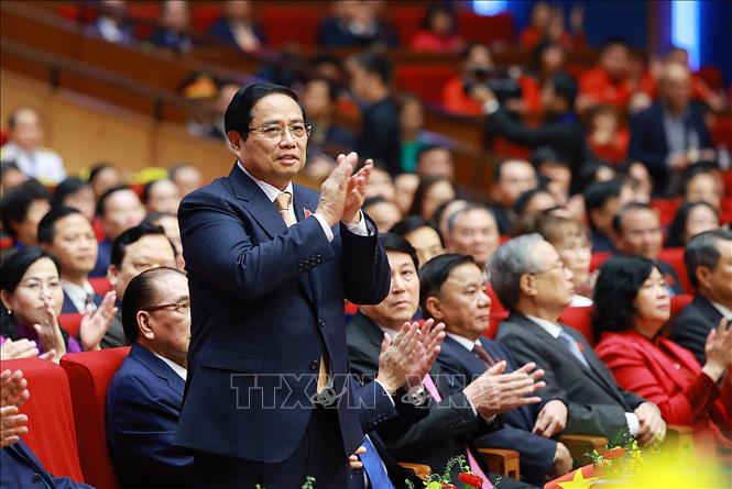 Thủ tướng Phạm Minh Chính, Chủ tịch Hội đồng Thi đua - Khen thưởng Trung ương tại Đại hội Thi đua yêu nước lần thứ XI. Ảnh: Dương Giang-TTXVN 
