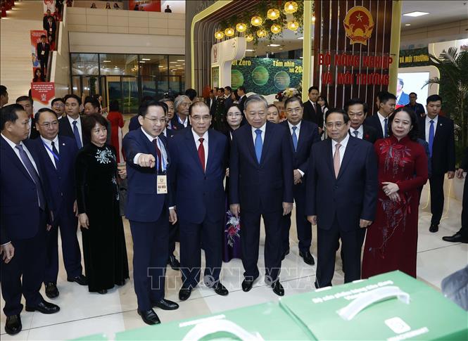 Tổng Bí thư Tô Lâm cùng các đồng chí lãnh đạo, nguyên lãnh đạo Đảng và Nhà nước tham quan các gian trưng bày tại đại hội. Ảnh: Doãn Tấn - TTXVN


