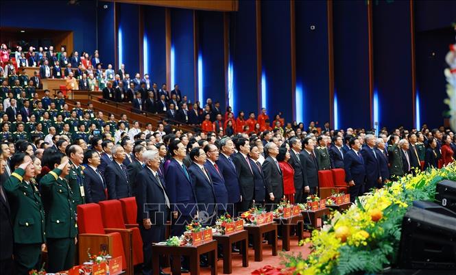 Tổng Bí thư Tô Lâm, Chủ tịch nước Lương Cường và Thủ tướng Phạm Minh Chính cùng các đại biểu tham dự Đại hội Thi đua yêu nước lần thứ XI. Ảnh: Dương Giang-TTXVN
