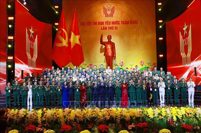 Tổng Bí thư Tô Lâm, Chủ tịch nước Lương Cường và Thủ tướng Phạm Minh Chính cùng các đại biểu tham dự Đại hội Thi đua yêu nước lần thứ XI. Ảnh: Dương Giang-TTXVN
