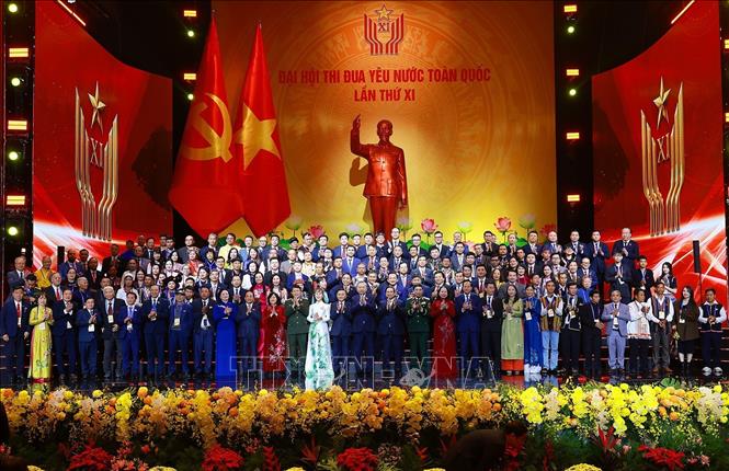 Tổng Bí thư Tô Lâm, Chủ tịch nước Lương Cường và Thủ tướng Phạm Minh Chính cùng các đại biểu tham dự Đại hội Thi đua yêu nước lần thứ XI. Ảnh: Dương Giang-TTXVN
