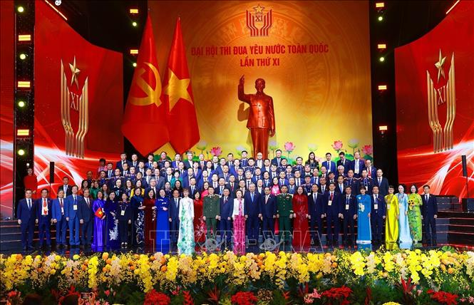 Tổng Bí thư Tô Lâm, Chủ tịch nước Lương Cường và Thủ tướng Phạm Minh Chính cùng các đại biểu tham dự Đại hội Thi đua yêu nước lần thứ XI. Ảnh: Dương Giang-TTXVN
