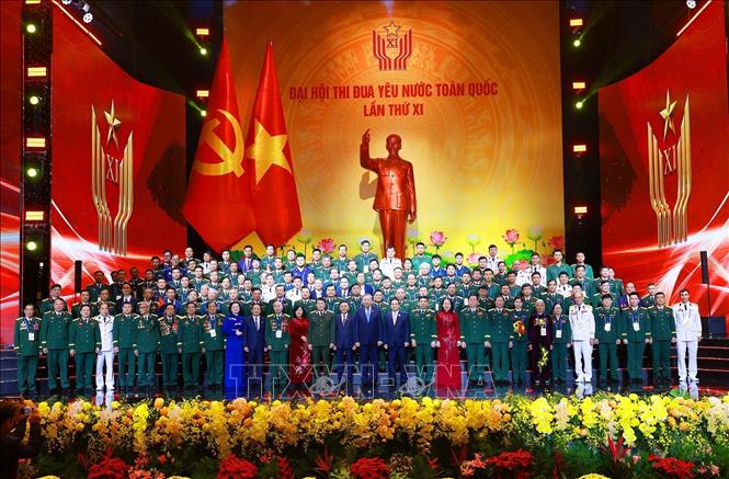 Tổng Bí thư Tô Lâm, Chủ tịch nước Lương Cường và Thủ tướng Phạm Minh Chính cùng các đại biểu tham dự Đại hội Thi đua yêu nước lần thứ XI. Ảnh: Dương Giang-TTXVN
