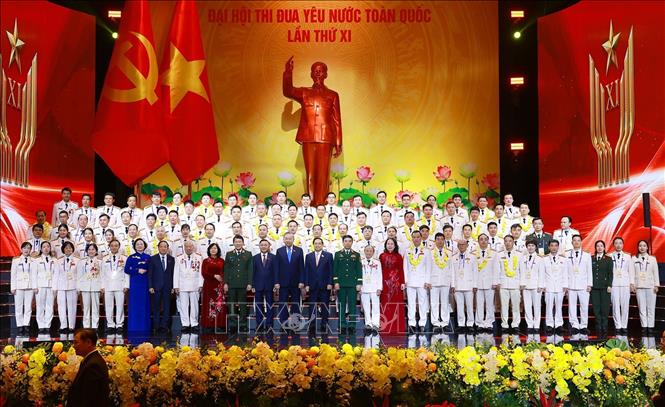 Tổng Bí thư Tô Lâm, Chủ tịch nước Lương Cường và Thủ tướng Phạm Minh Chính cùng các đại biểu tham dự Đại hội Thi đua yêu nước lần thứ XI. Ảnh: Dương Giang-TTXVN
