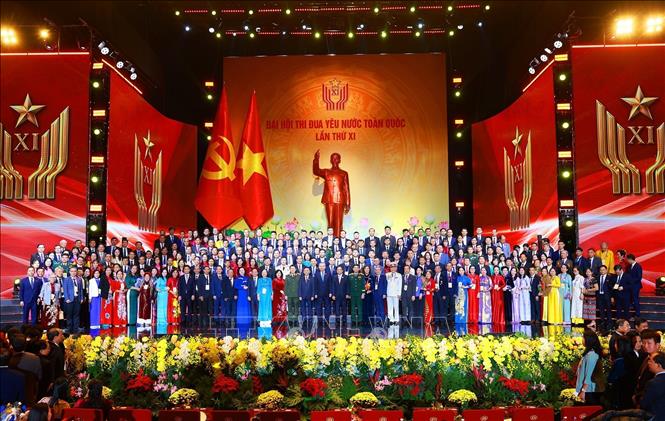 Tổng Bí thư Tô Lâm, Chủ tịch nước Lương Cường và Thủ tướng Phạm Minh Chính cùng các đại biểu tham dự Đại hội Thi đua yêu nước lần thứ XI. Ảnh: Dương Giang-TTXVN
