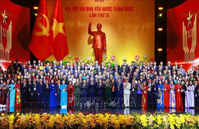 Tổng Bí thư Tô Lâm, Chủ tịch nước Lương Cường và Thủ tướng Phạm Minh Chính cùng các đại biểu tham dự Đại hội Thi đua yêu nước lần thứ XI. Ảnh: Dương Giang-TTXVN
