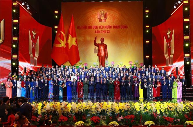 Tổng Bí thư Tô Lâm, Chủ tịch nước Lương Cường và Thủ tướng Phạm Minh Chính cùng các đại biểu tham dự Đại hội Thi đua yêu nước lần thứ XI. Ảnh: Dương Giang-TTXVN
