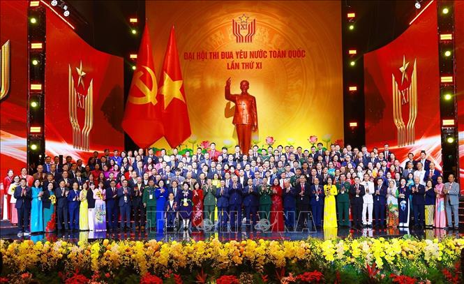 Tổng Bí thư Tô Lâm, Chủ tịch nước Lương Cường và Thủ tướng Phạm Minh Chính cùng các đại biểu tham dự Đại hội Thi đua yêu nước lần thứ XI. Ảnh: Dương Giang-TTXVN
