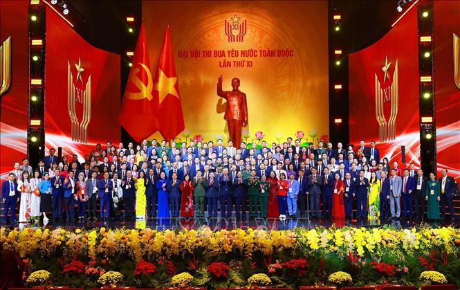 Tổng Bí thư Tô Lâm, Chủ tịch nước Lương Cường và Thủ tướng Phạm Minh Chính cùng các đại biểu tham dự Đại hội Thi đua yêu nước lần thứ XI. Ảnh: Dương Giang-TTXVN
