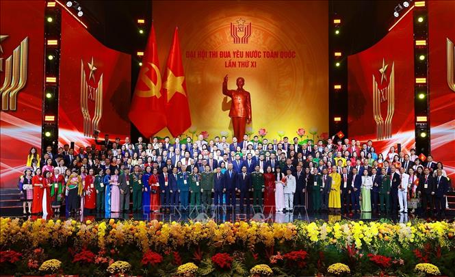 Tổng Bí thư Tô Lâm, Chủ tịch nước Lương Cường và Thủ tướng Phạm Minh Chính cùng các đại biểu tham dự Đại hội Thi đua yêu nước lần thứ XI. Ảnh: Dương Giang-TTXVN
