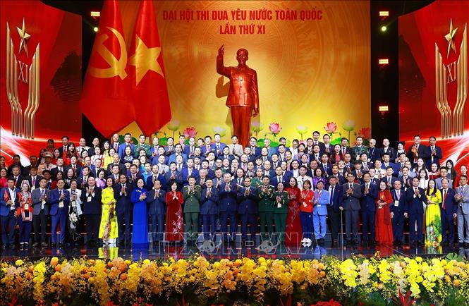 Tổng Bí thư Tô Lâm, Chủ tịch nước Lương Cường và Thủ tướng Phạm Minh Chính cùng các đại biểu tham dự Đại hội Thi đua yêu nước lần thứ XI. Ảnh: Dương Giang-TTXVN
