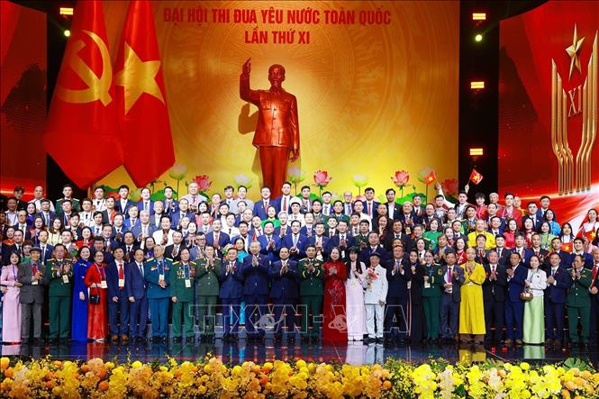 Tổng Bí thư Tô Lâm, Chủ tịch nước Lương Cường và Thủ tướng Phạm Minh Chính cùng các đại biểu tham dự Đại hội Thi đua yêu nước lần thứ XI. Ảnh: Dương Giang-TTXVN
