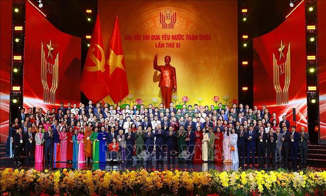 Tổng Bí thư Tô Lâm, Chủ tịch nước Lương Cường và Thủ tướng Phạm Minh Chính cùng các đại biểu tham dự Đại hội Thi đua yêu nước lần thứ XI. Ảnh: Dương Giang-TTXVN
