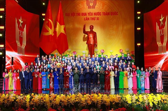 Tổng Bí thư Tô Lâm, Chủ tịch nước Lương Cường và Thủ tướng Phạm Minh Chính cùng các đại biểu tham dự Đại hội Thi đua yêu nước lần thứ XI. Ảnh: Dương Giang-TTXVN
