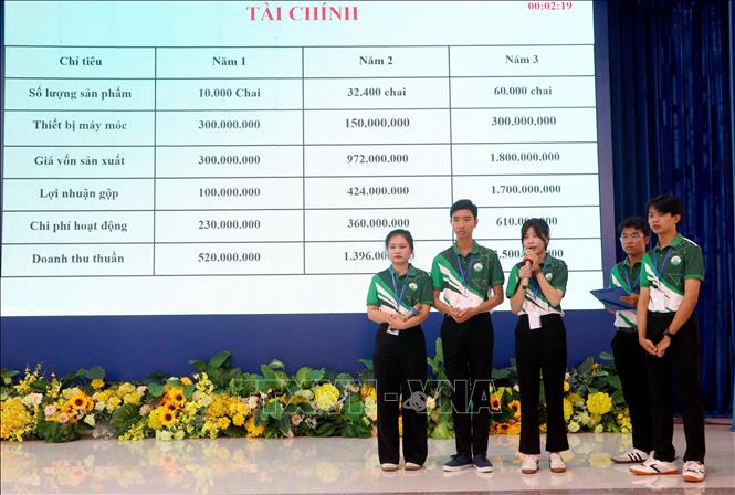 Thí sinh thuyết trình về dự án khởi nghiệp đổi mới sáng tạo.  Ảnh: Lê Thúy Hằng - TTXVN