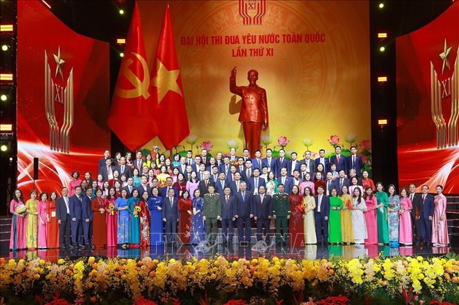 Tổng Bí thư Tô Lâm cùng các đồng chí lãnh đạo, nguyên lãnh đạo Đảng, Nhà nước và các đại biểu tại đại hội. Ảnh: TTXVN