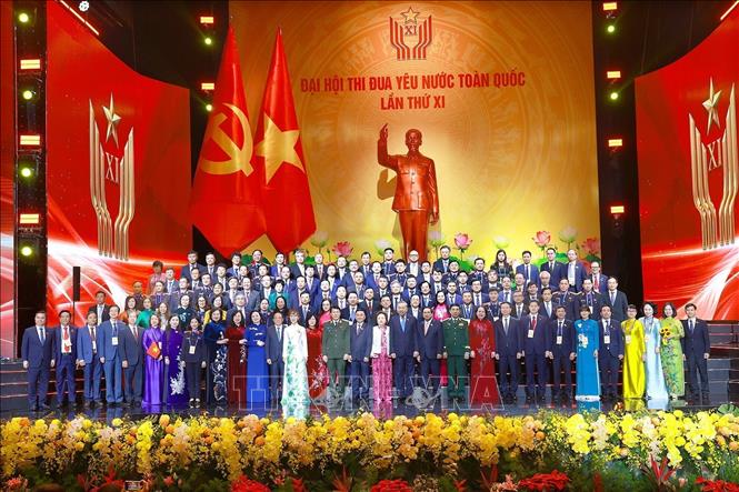 Tổng Bí thư Tô Lâm cùng các đồng chí lãnh đạo, nguyên lãnh đạo Đảng, Nhà nước và các đại biểu tại đại hội. Ảnh: TTXVN