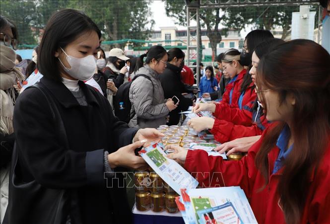 Các bạn sinh viên trải nghiệm khu gian trại sinh viên “Connect Zone” với sự góp mặt của 20 trường đại học trên địa bàn Hà Nội. Ảnh: Hạnh Quyên-TTXVN