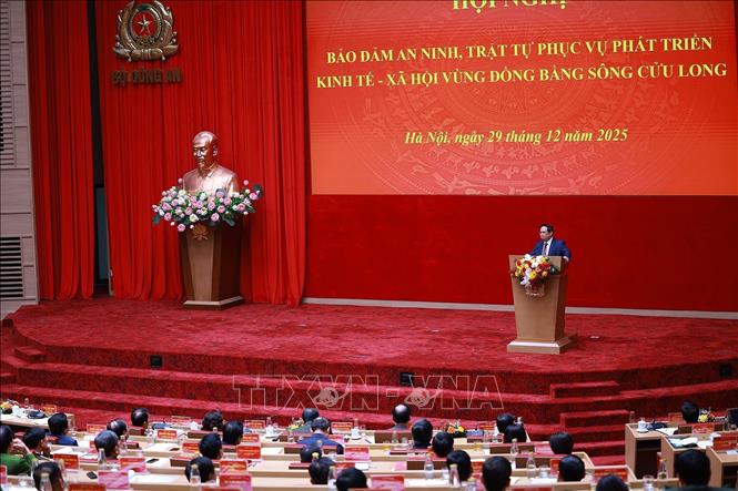 Thủ tướng Phạm Minh Chính kết luận Hội nghị đảm bảo an ninh, trật tự phục vụ phát triển kinh tế-xã hội Vùng đồng bằng sông Cửu Long. Ảnh: Dương Giang-TTXVN
