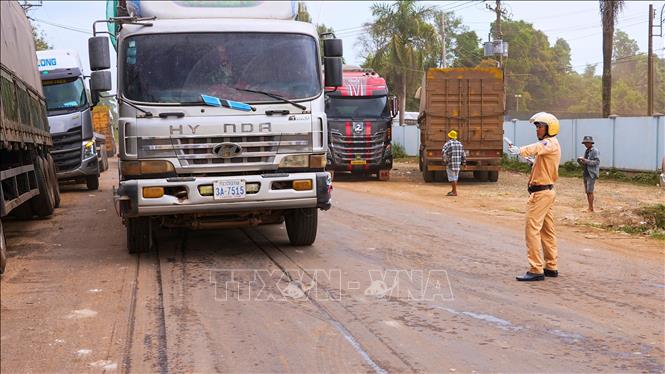 Lực lượng Cảnh sát giao thông Công an tỉnh Tây Ninh điều tiết, phân luồng xe tại khu vực bãi sang tải Đồng Phước. Ảnh: Minh Phú – TTXVN