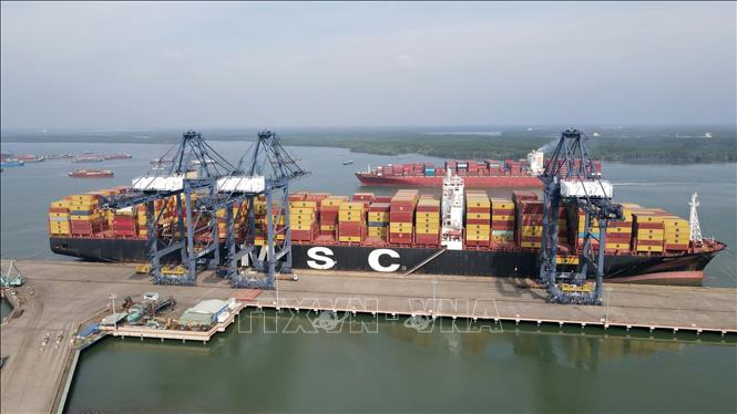 Tàu container cập cảng trên luồng khu cảng Cái Mép. Ảnh: Đoàn Mạnh Dương-TTXVN